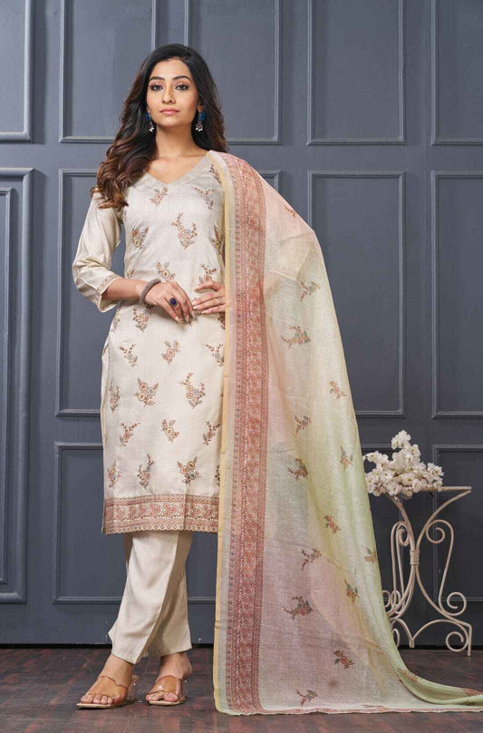 Beige pastel kurta set with scalloped embroidery main image