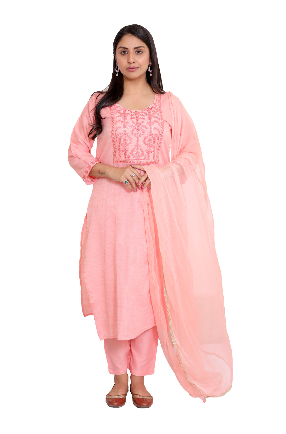 Peach Embroderied straight Kurta, pant and Dupatta set