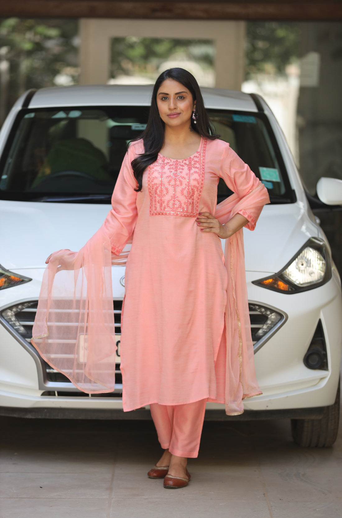 Peach Embroderied straight Kurta, pant and Dupatta set