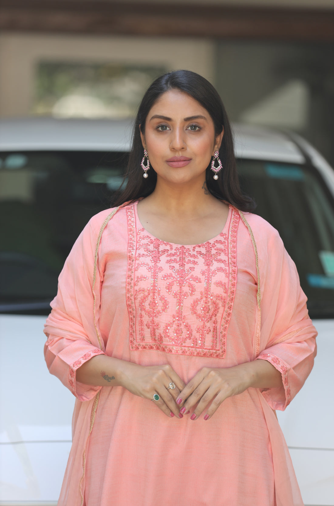 Peach Embroderied straight Kurta, pant and Dupatta set