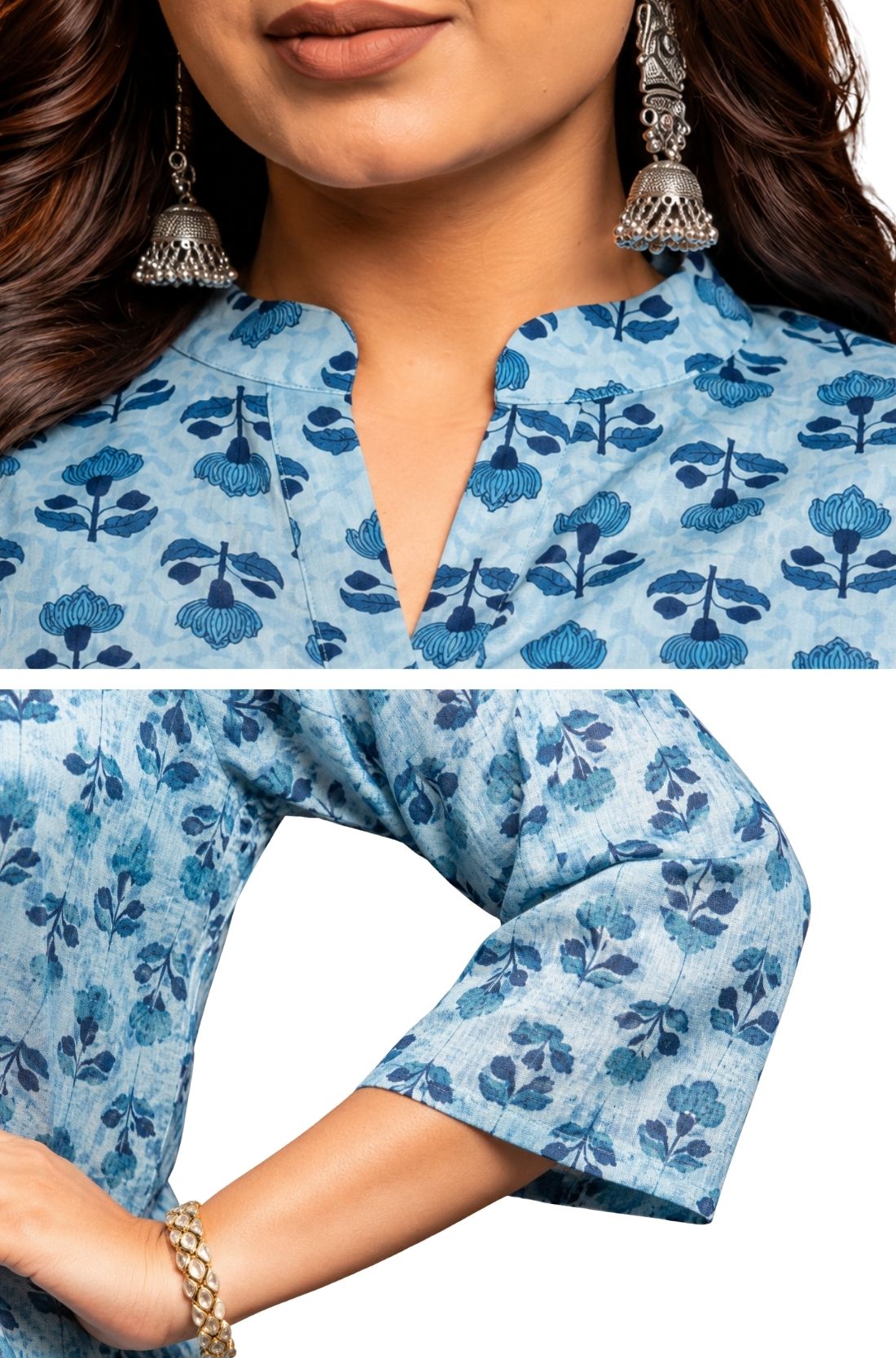 Close-up of powder blue pure cotton hand block printed short kurti featuring mandarin notch neckline, wooden buttons, floral block print and 3/4 sleeves.