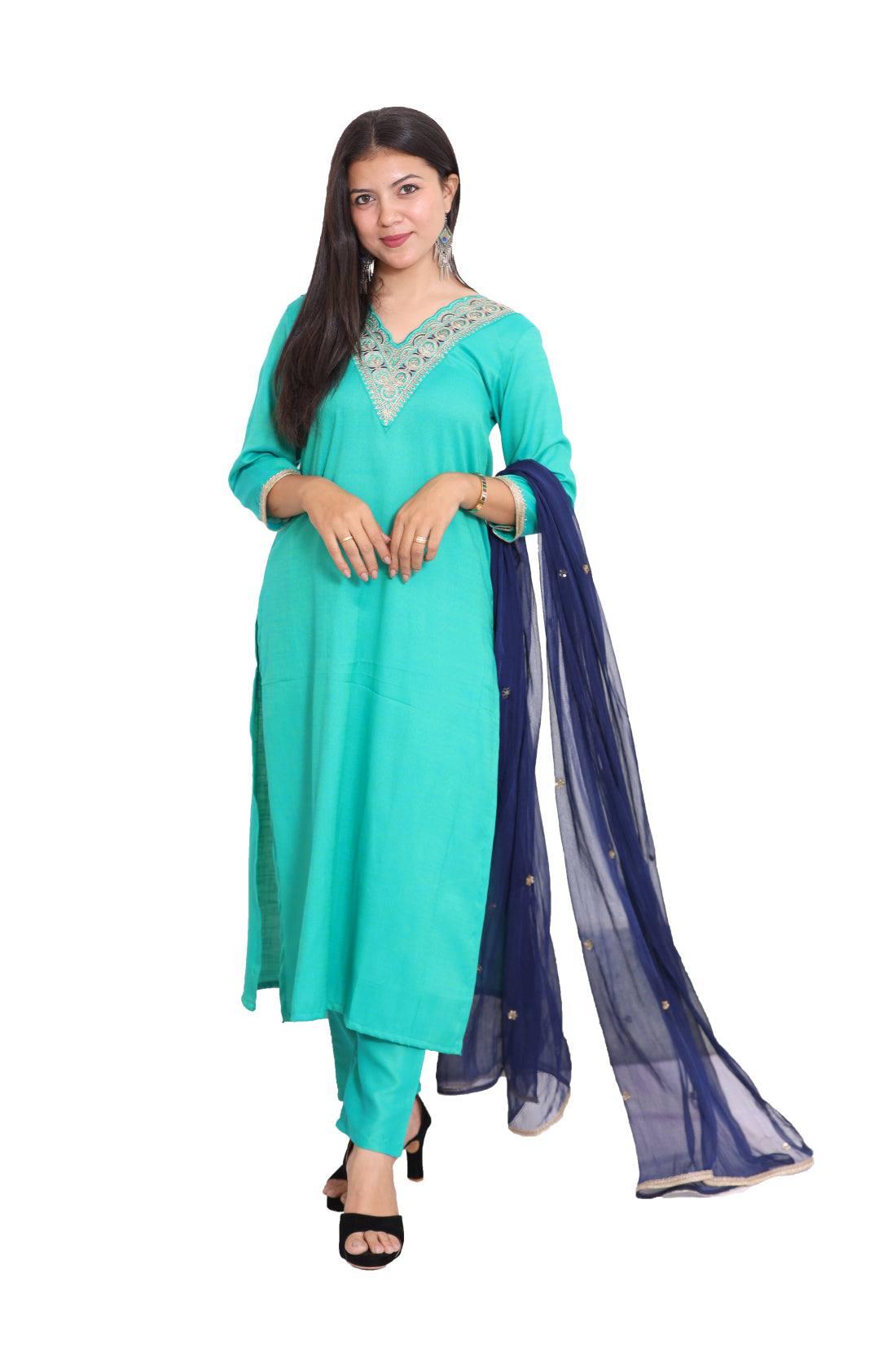 Rama Green Embroidered straight Kurta, pant and Dupatta set