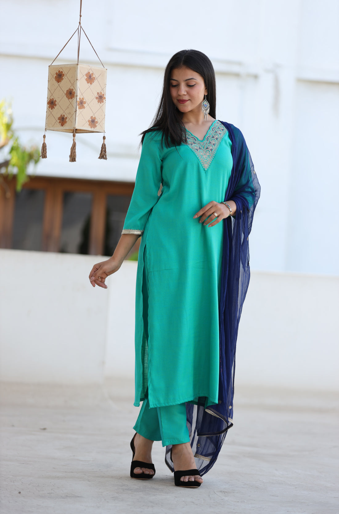 Rama Green Embroidered straight Kurta, pant and Dupatta set