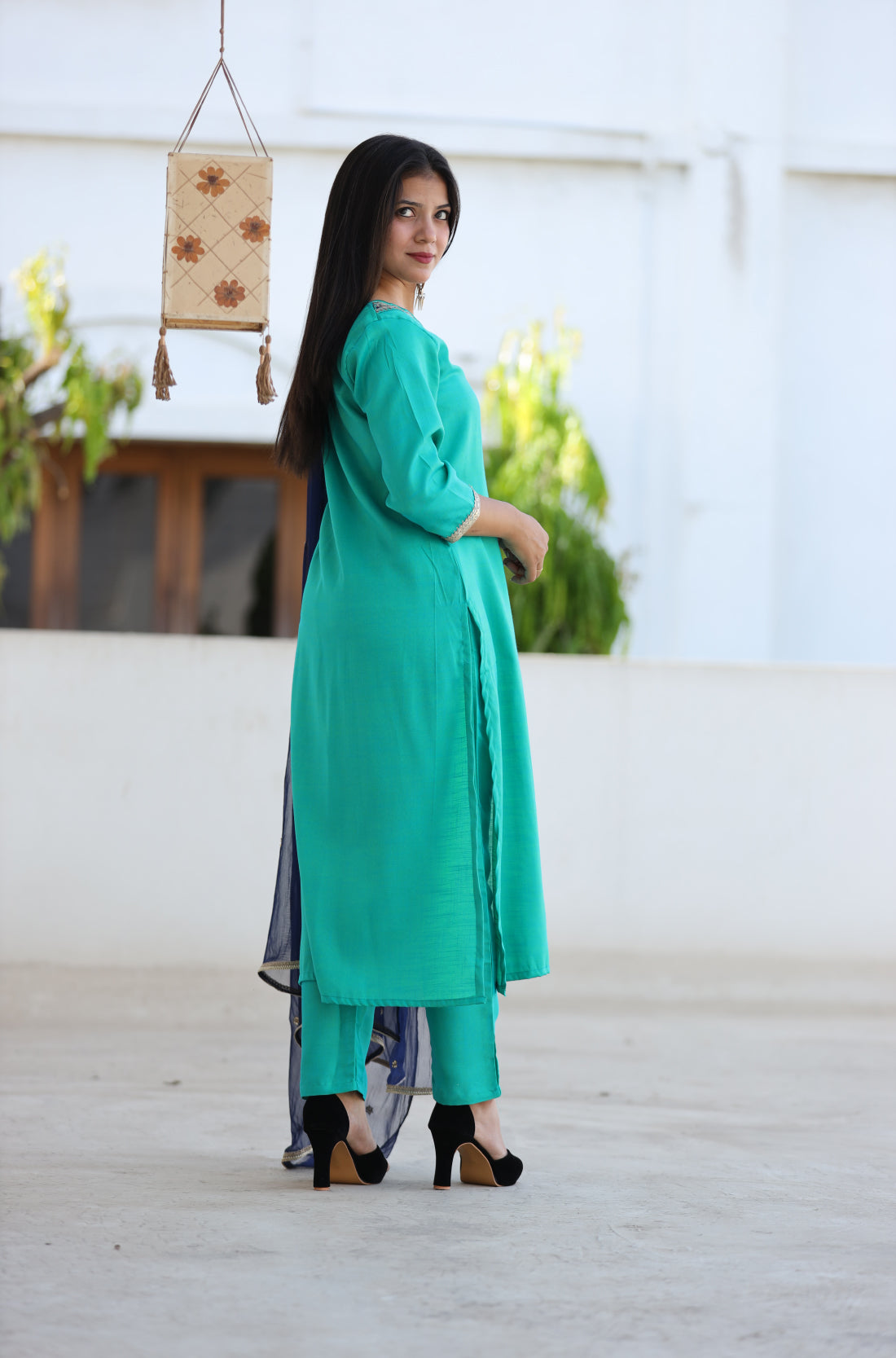 Rama Green Embroidered straight Kurta, pant and Dupatta set