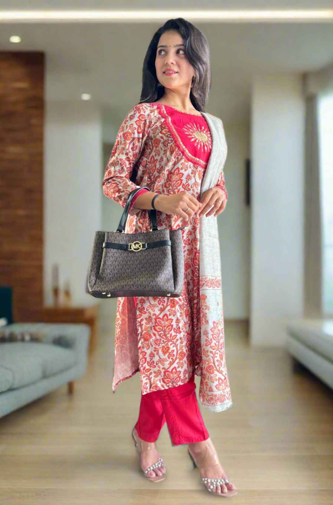 Red Pashmina Kurta Set from 45 degree 