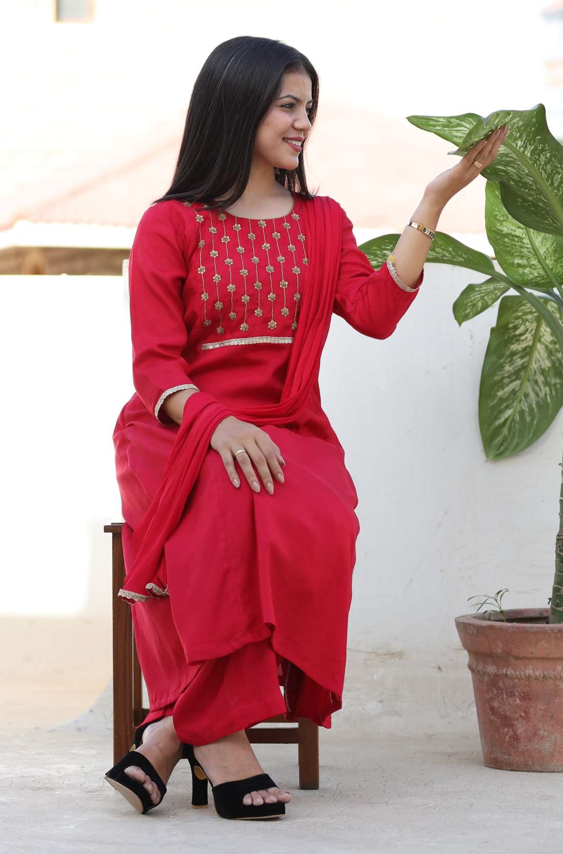 Red Silk Kurta Set With Dupatta