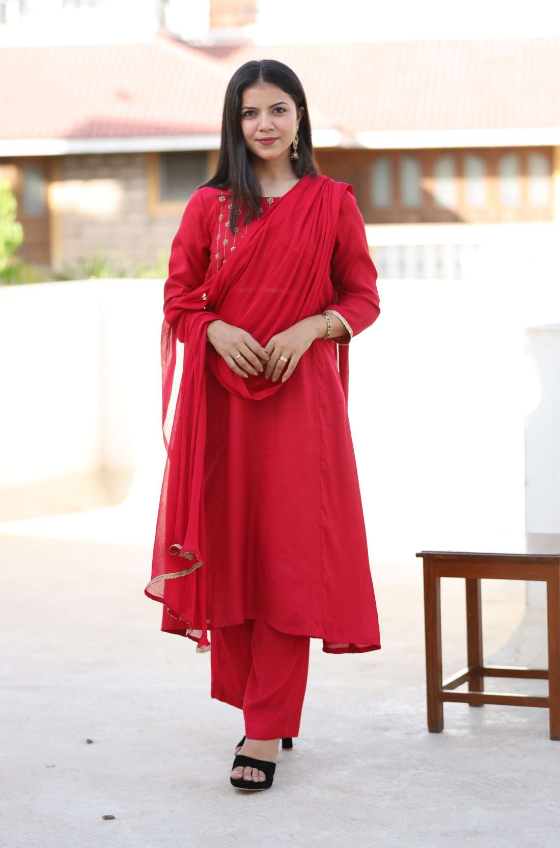 Red Silk Kurta Set With Dupatta
