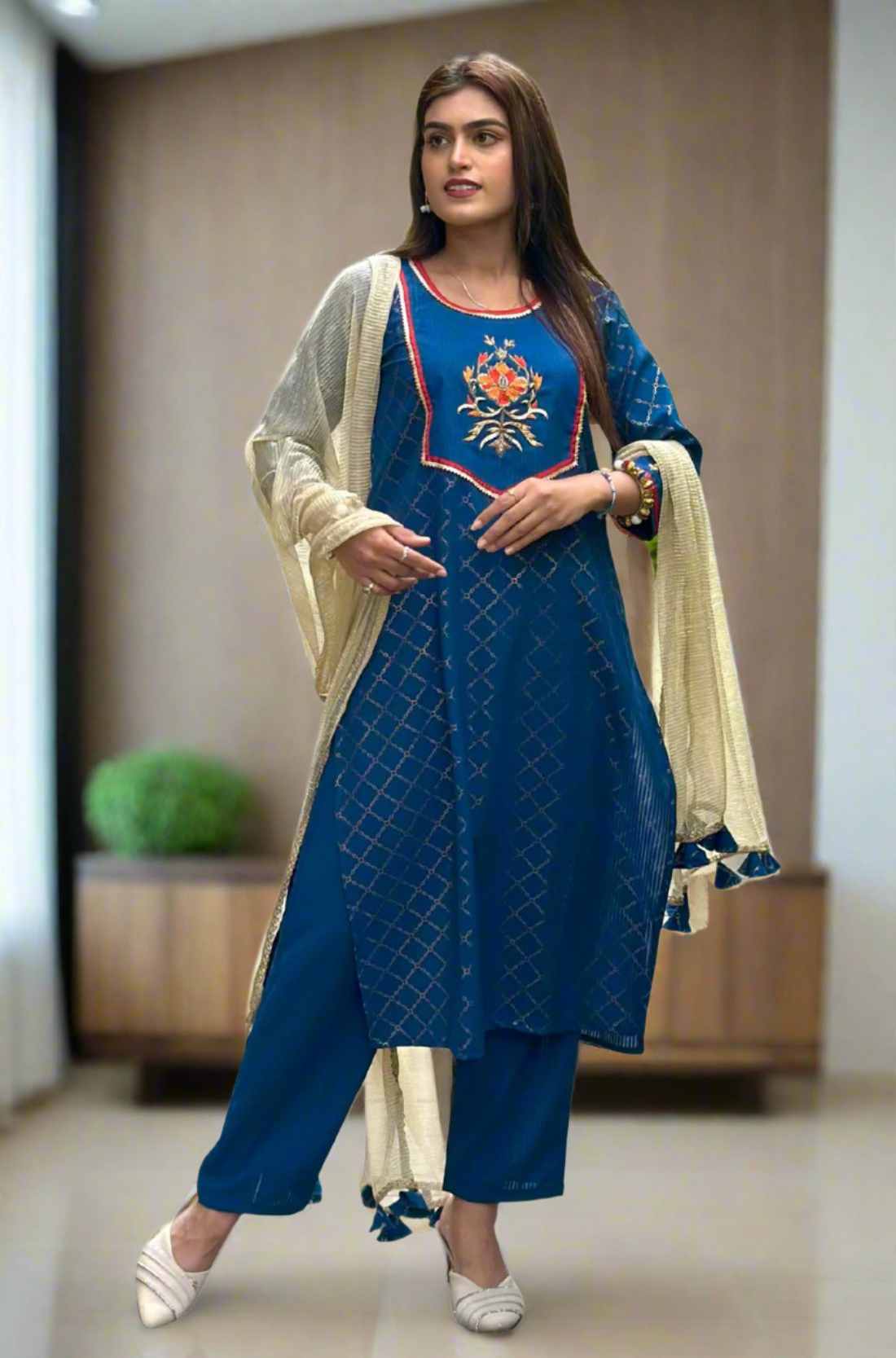 Royal blue kurta set crepe fabic full length