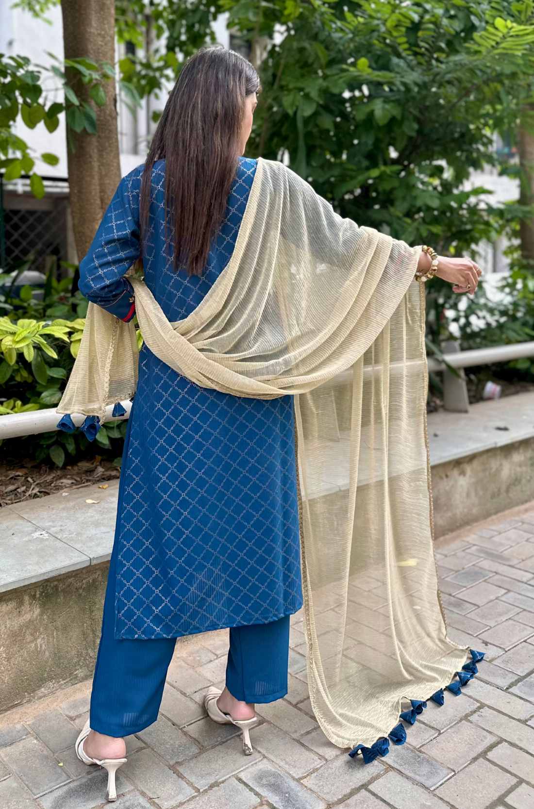 royal blue kurta set back view showing dupatta and print