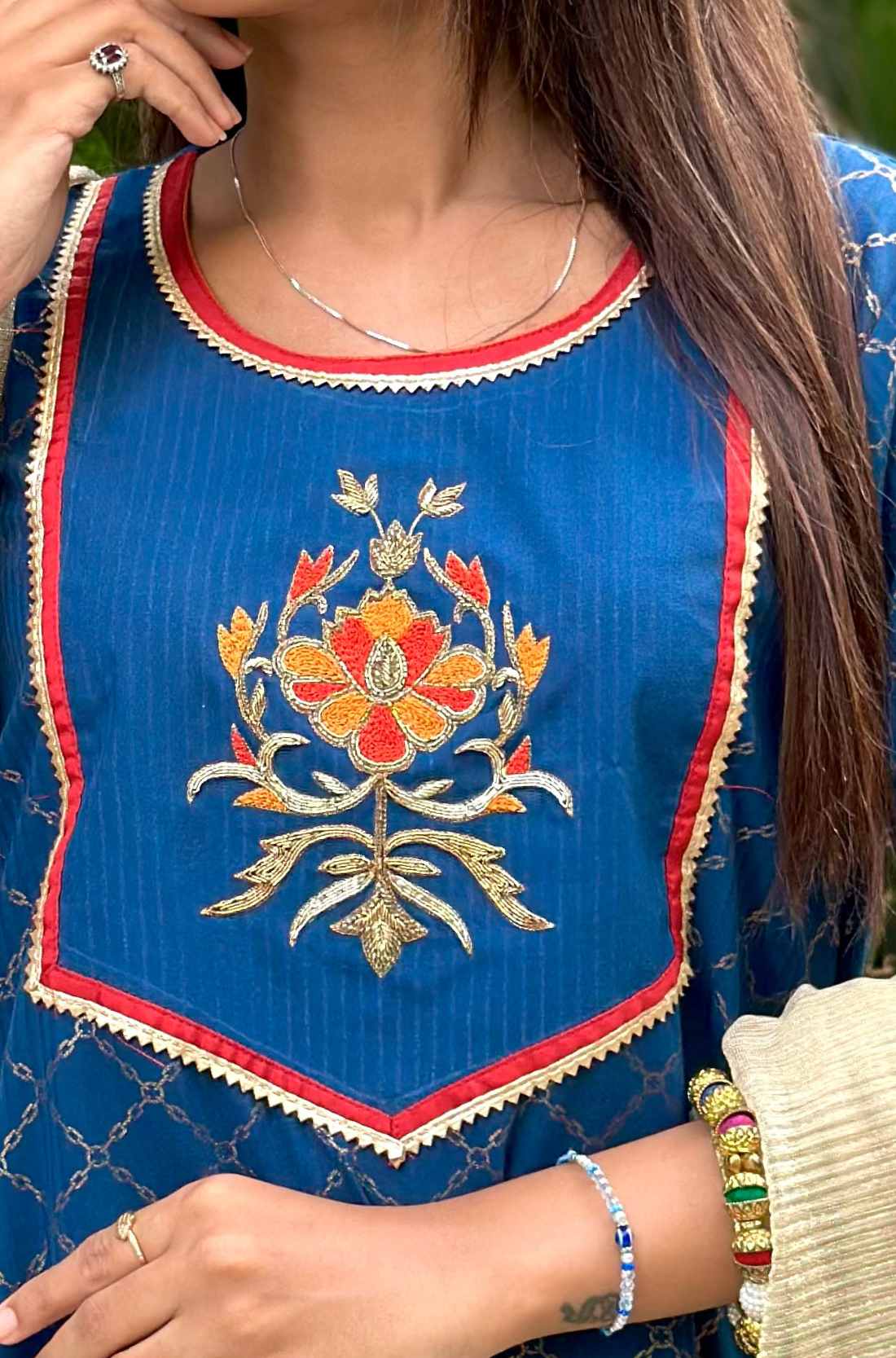 Royal Blue kurta set in detail view of the yoke
