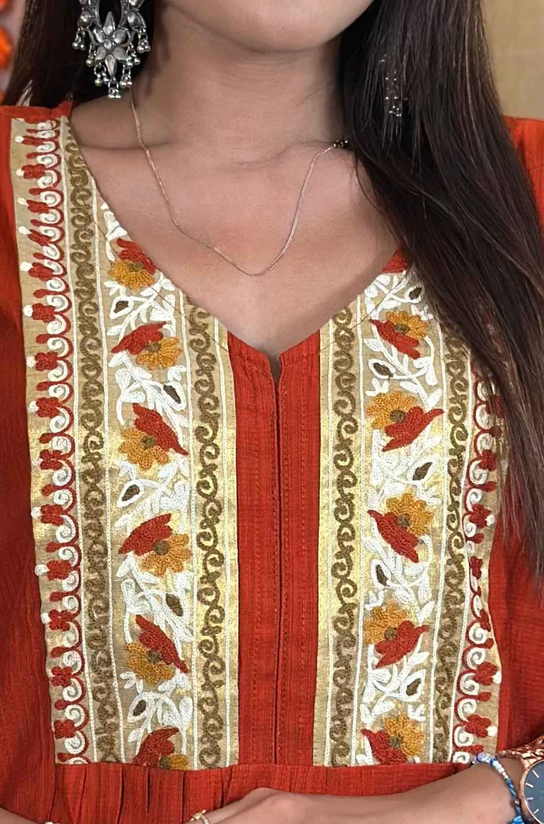 Detailing Close up Hand embroidered berlin silk Rust Aline kurta set