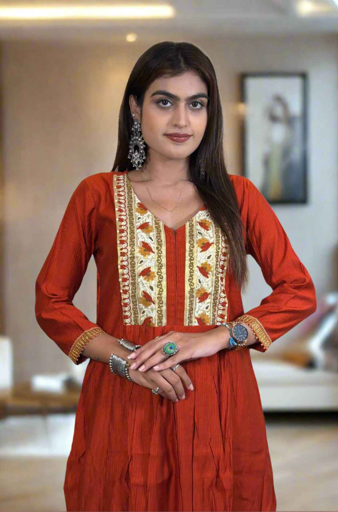 Rust Orange Kurta Set Front View in Half.