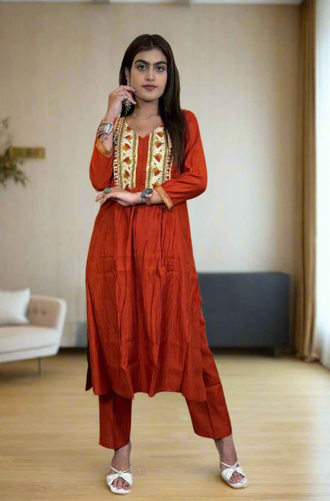 Rust Orange kurta set in front full view.