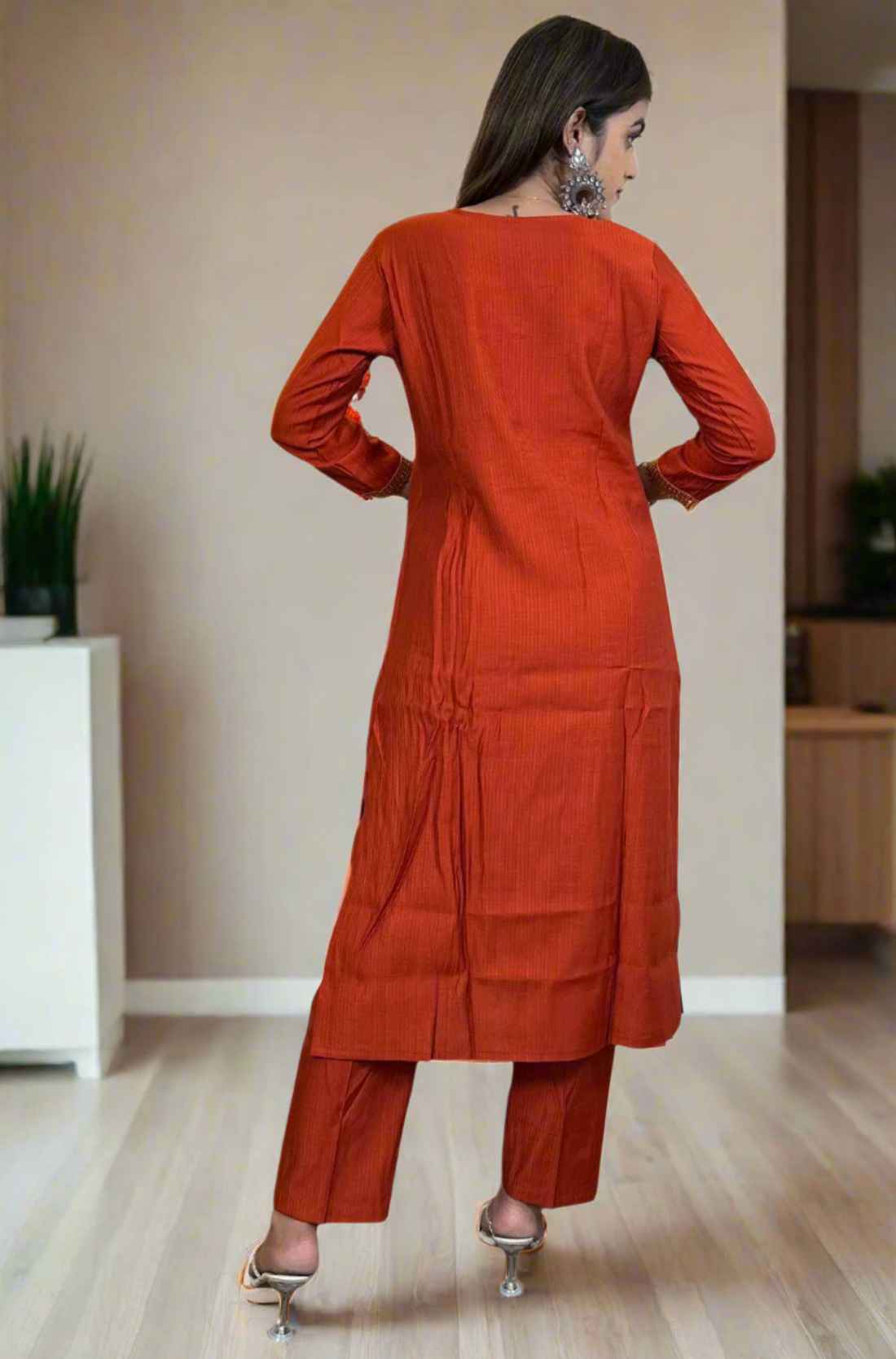 Back-side View – Hand embroidered berlin silk Rust Aline kurta