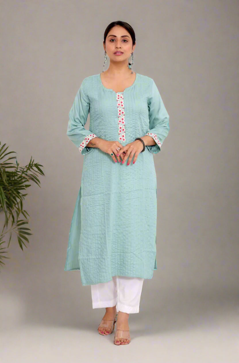 Light Sea Green Rayon Straight kurta with pin tuck embroidery in full length view.