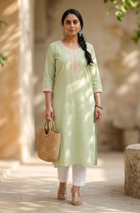 Sea Green Cotton Blend Kurta Full Length View