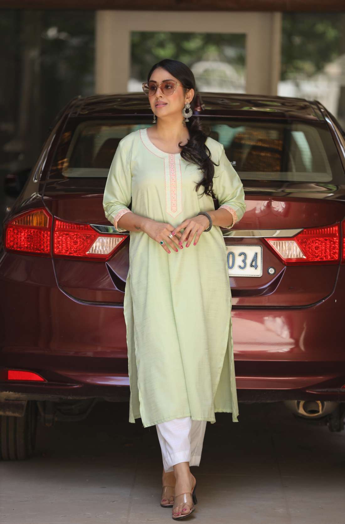 Sea Green Embroidered Straight kurta in cotton blend model wearing.