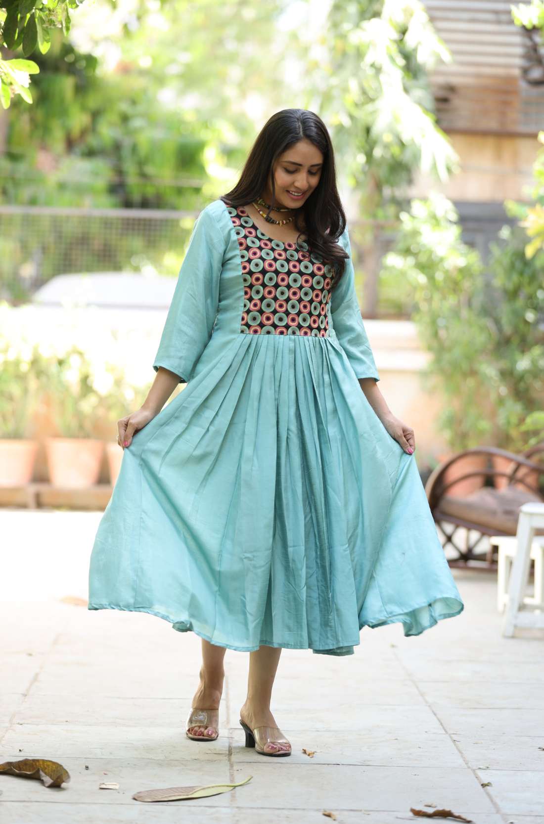 Sea Green Art Silk Flared Kurti – Flared Hem View