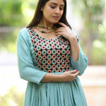 Hand Embroidery on Sea Green Kurti – Close-Up