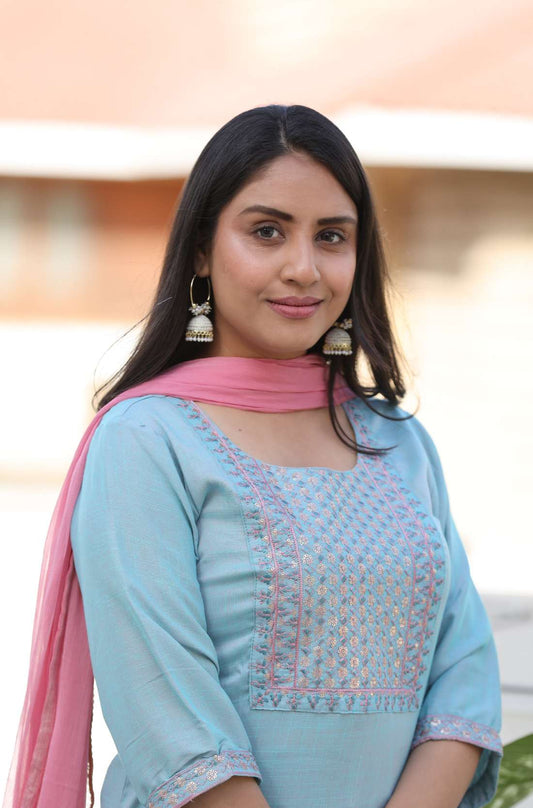 Sky Blue Embroidered Kurta Set With Dupatta