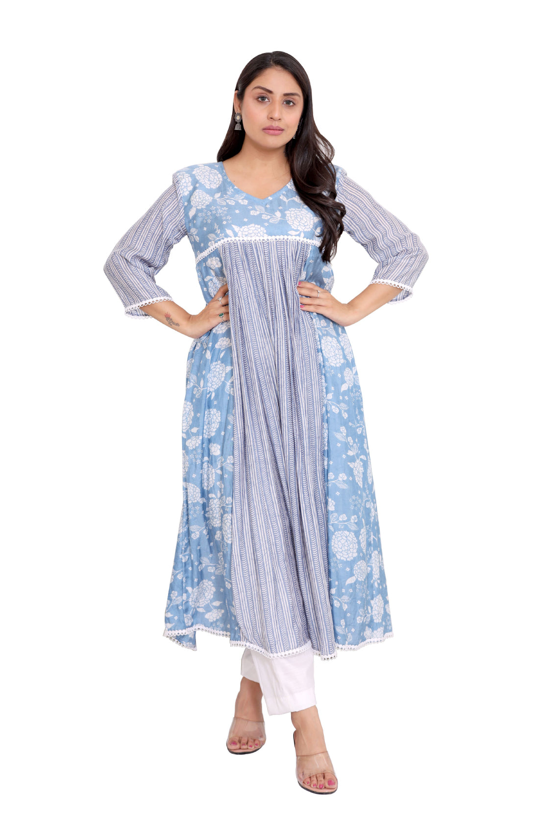 Sky blue white muslin flared kurti