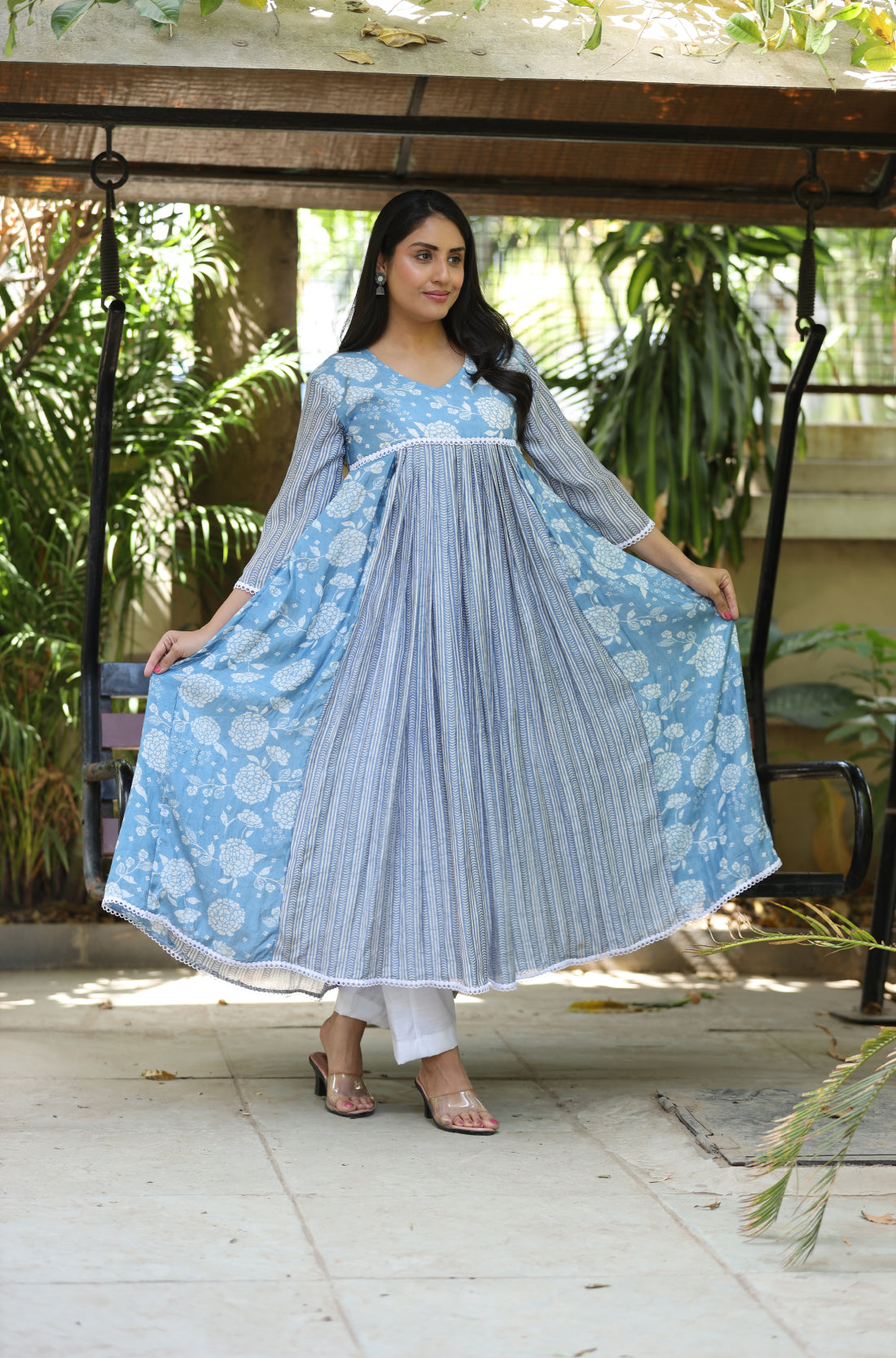 Sky blue white muslin flared kurti