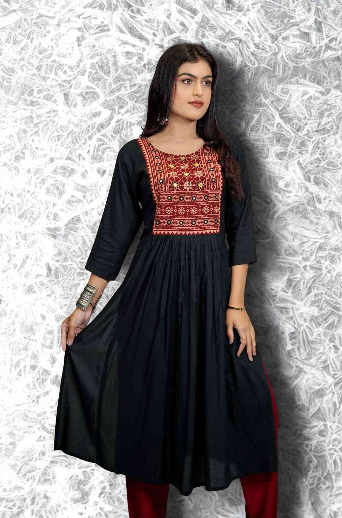 Black Hand Embroidered Aline Kurta – Flared Hem View