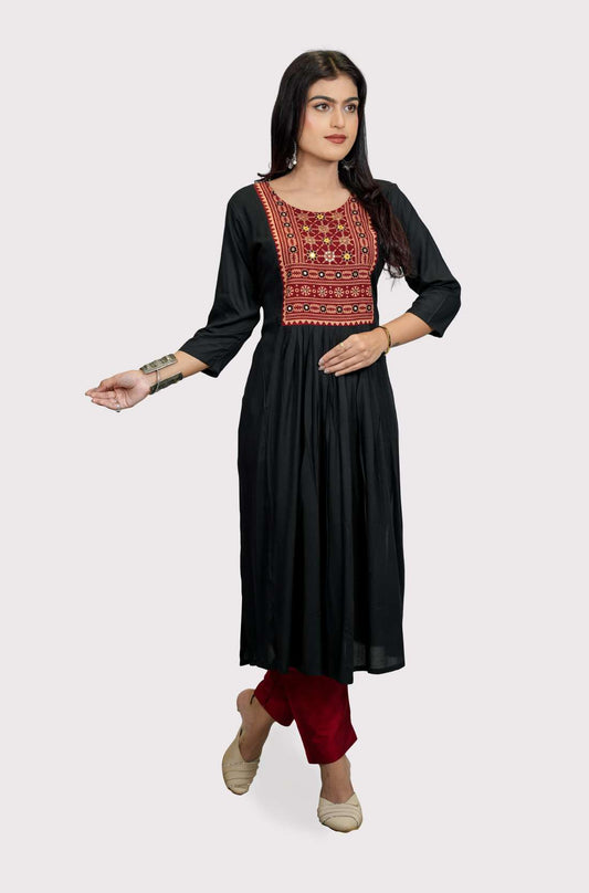 Hand embroidered Block printed A line Kurta for Women