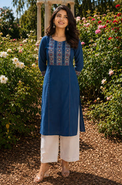 Block Print & Mirror Work Indigo Pure Cotton Kurta