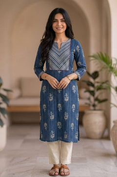 Indigo block printed pure cotton straight kurta