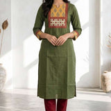 Dark green embroidered cotton straight kurta for women