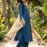 Royal Blue Crepe hand embroidered Kurta set with dupatta