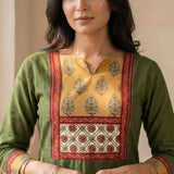 Dark green embroidered cotton straight kurta for women