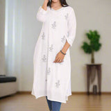 Women Standing wearing White Pure Cotton Kurta Showing the front of the kurta 
For Independance days