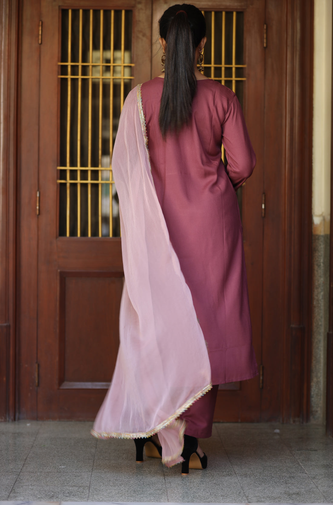 Wine  Embroidered straight Kurta, pant and Dupatta set