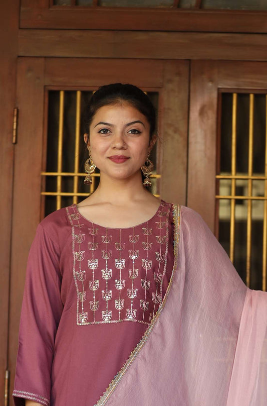 Wine Embroidered Kurta Set With Dupatta
