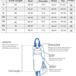 Size chart for a kurta set with measurements in inches, brand name, and measurement guide.