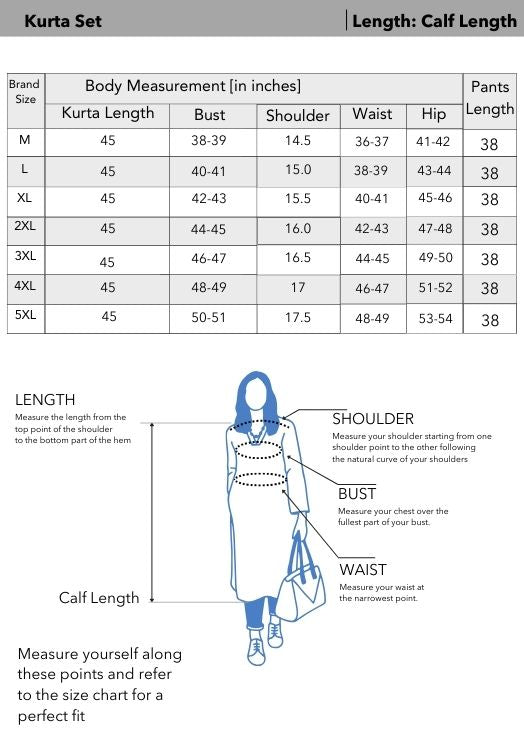 Size chart for a kurta set with measurements in inches, brand name, and measurement guide.