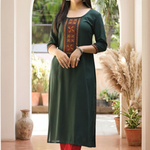 Front view of women's bottle green rayon kurti featuring a round neckline, geometric cross stitch embroidered yoke, contrast embroidered sleeve cuffs and straight fit.