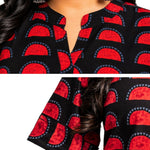 Close-up of Women's Geometric Hand Block Print Pure Cotton Shirt Style Kurti in Black and Crimson Red featuring a stand collar, handcrafted geometric block print, and 3/4 sleeves crafted from premium pure cotton.