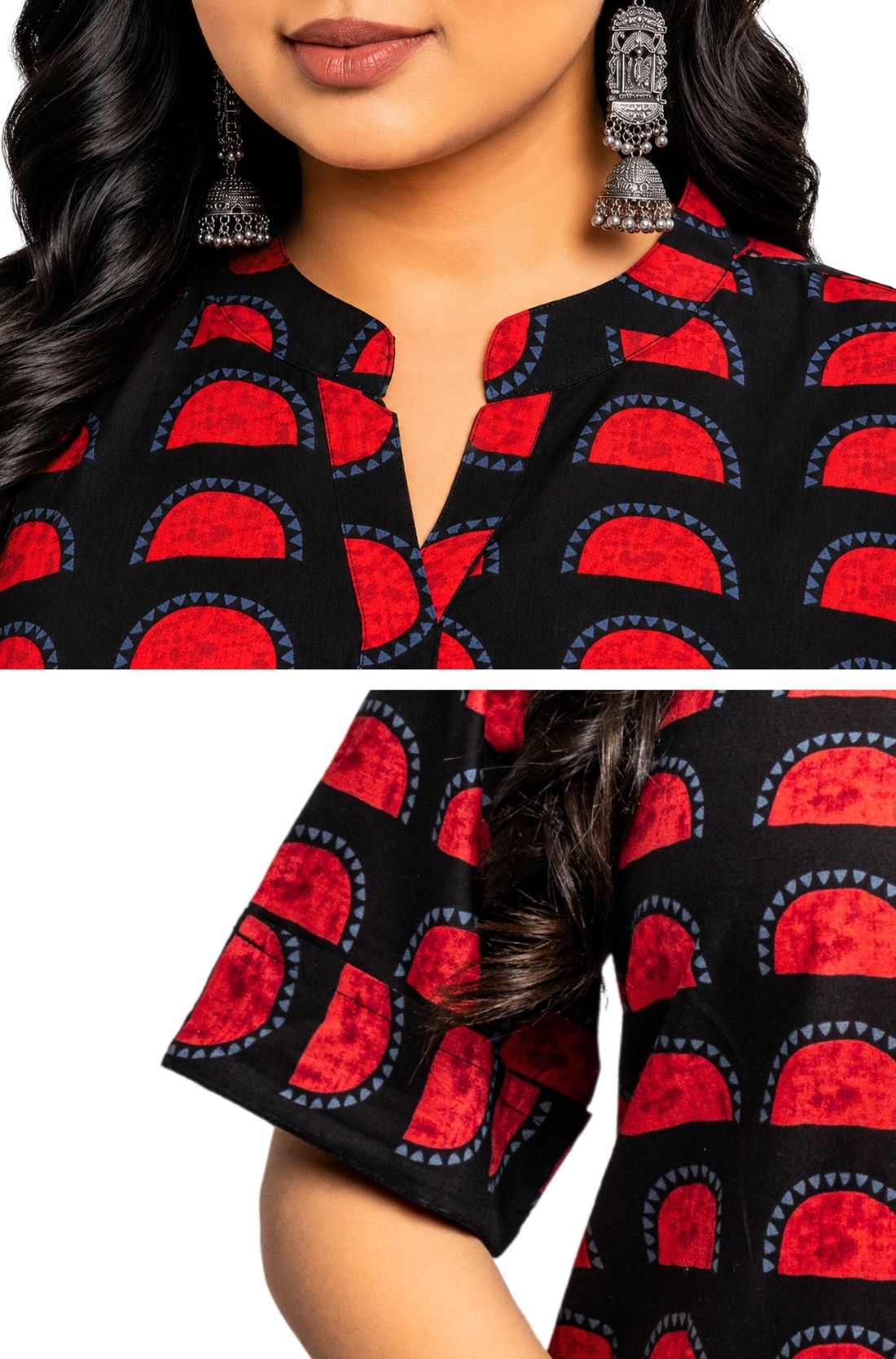 Close-up of Women's Geometric Hand Block Print Pure Cotton Shirt Style Kurti in Black and Crimson Red featuring a stand collar, handcrafted geometric block print, and 3/4 sleeves crafted from premium pure cotton.
