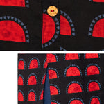 Detailed view of Women's Geometric Hand Block Print Pure Cotton Shirt Style Kurti in Black and Crimson Red highlighting the handcrafted geometric block print, wooden button placket, side slit, and premium pure cotton fabric.