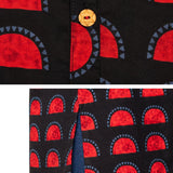 Detailed view of Women's Geometric Hand Block Print Pure Cotton Shirt Style Kurti in Black and Crimson Red highlighting the handcrafted geometric block print, wooden button placket, side slit, and premium pure cotton fabric.