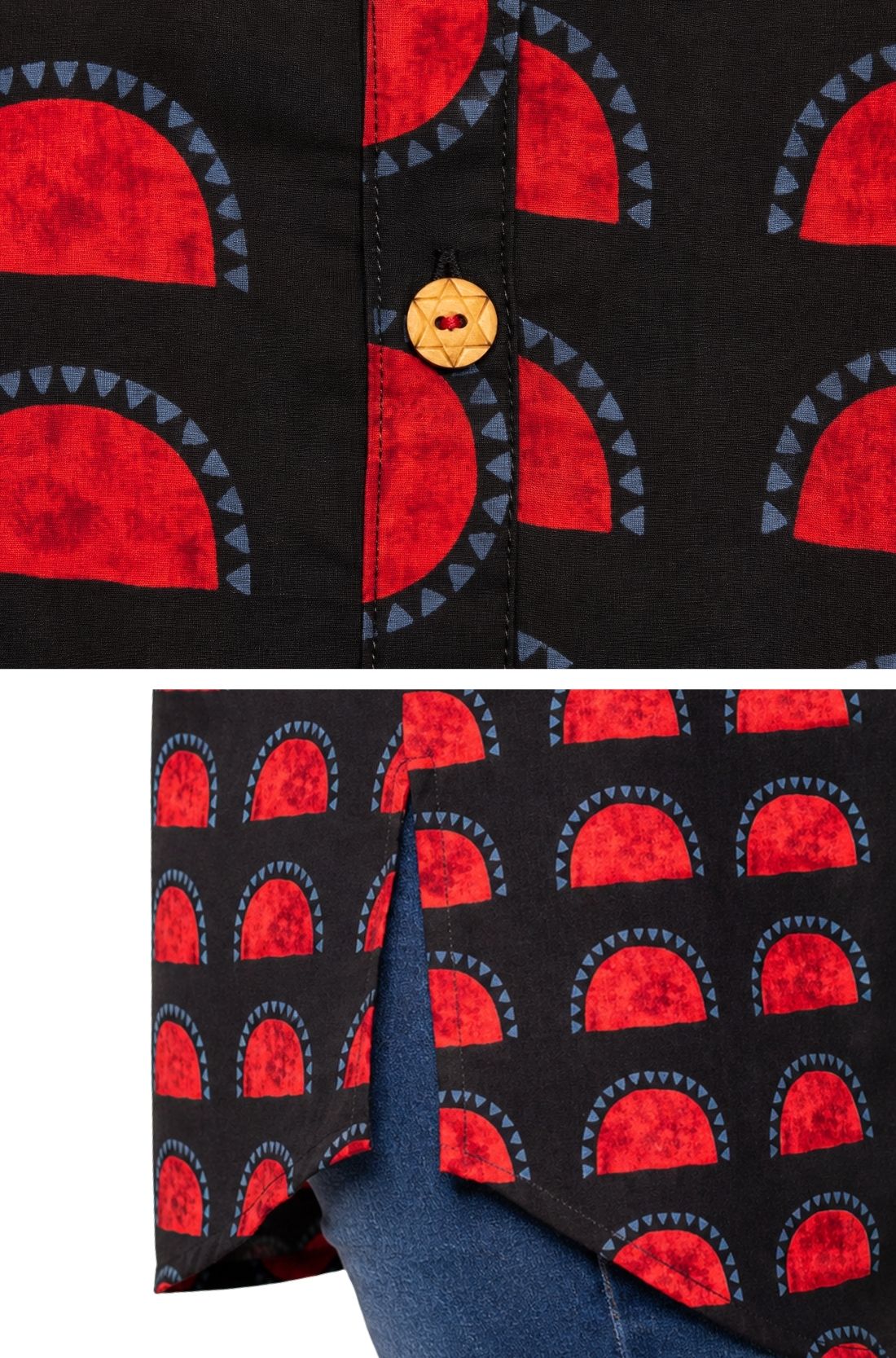 Detailed view of Women's Geometric Hand Block Print Pure Cotton Shirt Style Kurti in Black and Crimson Red highlighting the handcrafted geometric block print, wooden button placket, side slit, and premium pure cotton fabric.