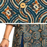 Close-up detail of Women's Geometric Hand Block Print Pure Cotton Shirt Style Kurti in Bottle Green and Rust featuring handcrafted geometric block print, wooden button placket, premium pure cotton fabric, and side slit for comfortable everyday wear.
