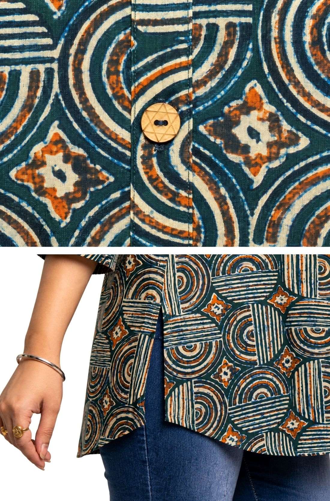 Close-up detail of Women's Geometric Hand Block Print Pure Cotton Shirt Style Kurti in Bottle Green and Rust featuring handcrafted geometric block print, wooden button placket, premium pure cotton fabric, and side slit for comfortable everyday wear.