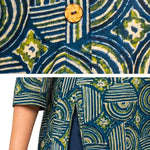 Close-up detail of Women's Geometric Hand Block Print Pure Cotton Shirt Style Kurti in Peacock Blue and Mehendi Green featuring handcrafted geometric block print, wooden button placket, premium pure cotton fabric, and side slit for everyday comfort and style.