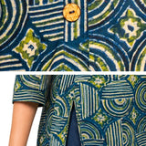 Close-up detail of Women's Geometric Hand Block Print Pure Cotton Shirt Style Kurti in Peacock Blue and Mehendi Green featuring handcrafted geometric block print, wooden button placket, premium pure cotton fabric, and side slit for everyday comfort and style.