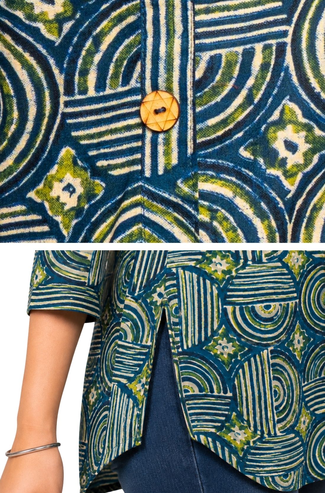 Close-up detail of Women's Geometric Hand Block Print Pure Cotton Shirt Style Kurti in Peacock Blue and Mehendi Green featuring handcrafted geometric block print, wooden button placket, premium pure cotton fabric, and side slit for everyday comfort and style.