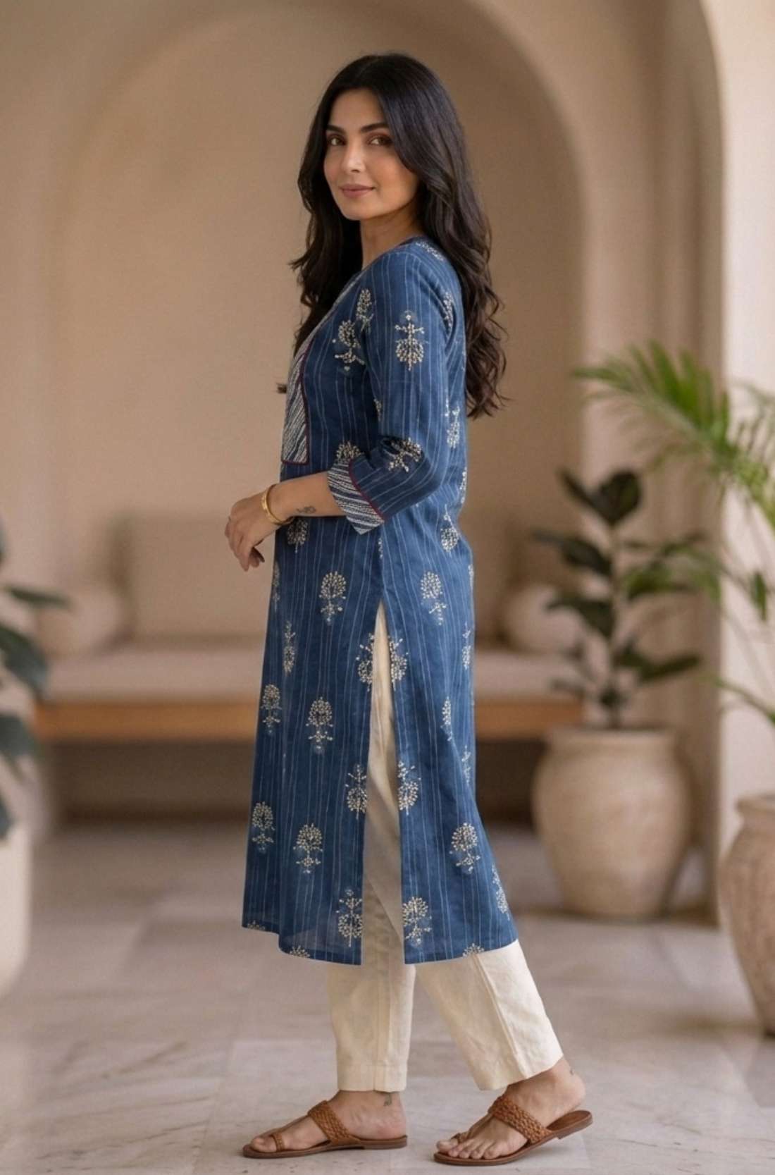 Side profile of women's indigo hand block print cotton kurta featuring a straight fit, side slits, contrast sleeve cuffs, and three-quarter sleeves.